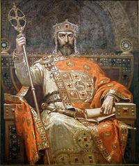Simeon I (893-927), first emperor of Bulgaria, as imagined in 1927 by the artist Dimiter Gyudjenov